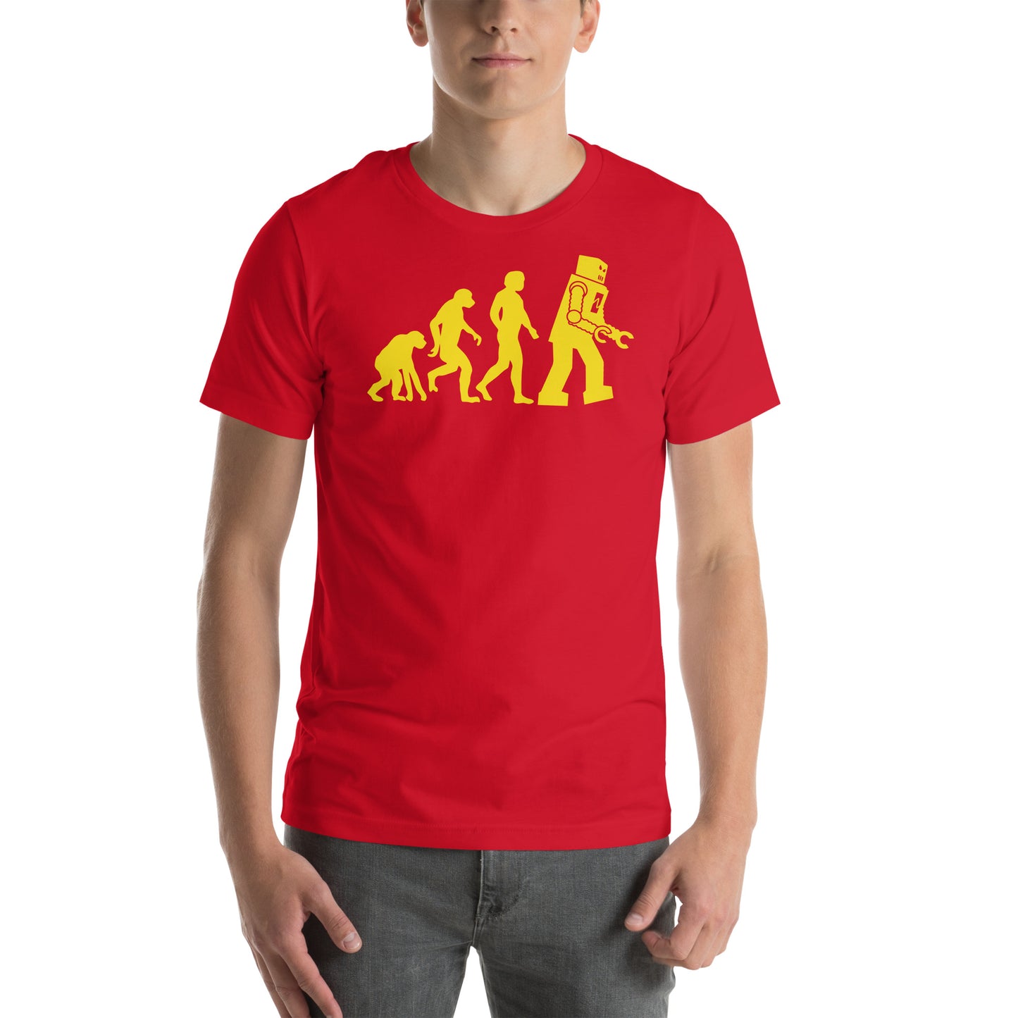 hombre con camiseta evolucion humana robot roja