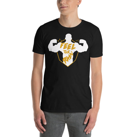 hombre con camiseta feel the pain siente el dolor gym gimnasio fitness en color negro