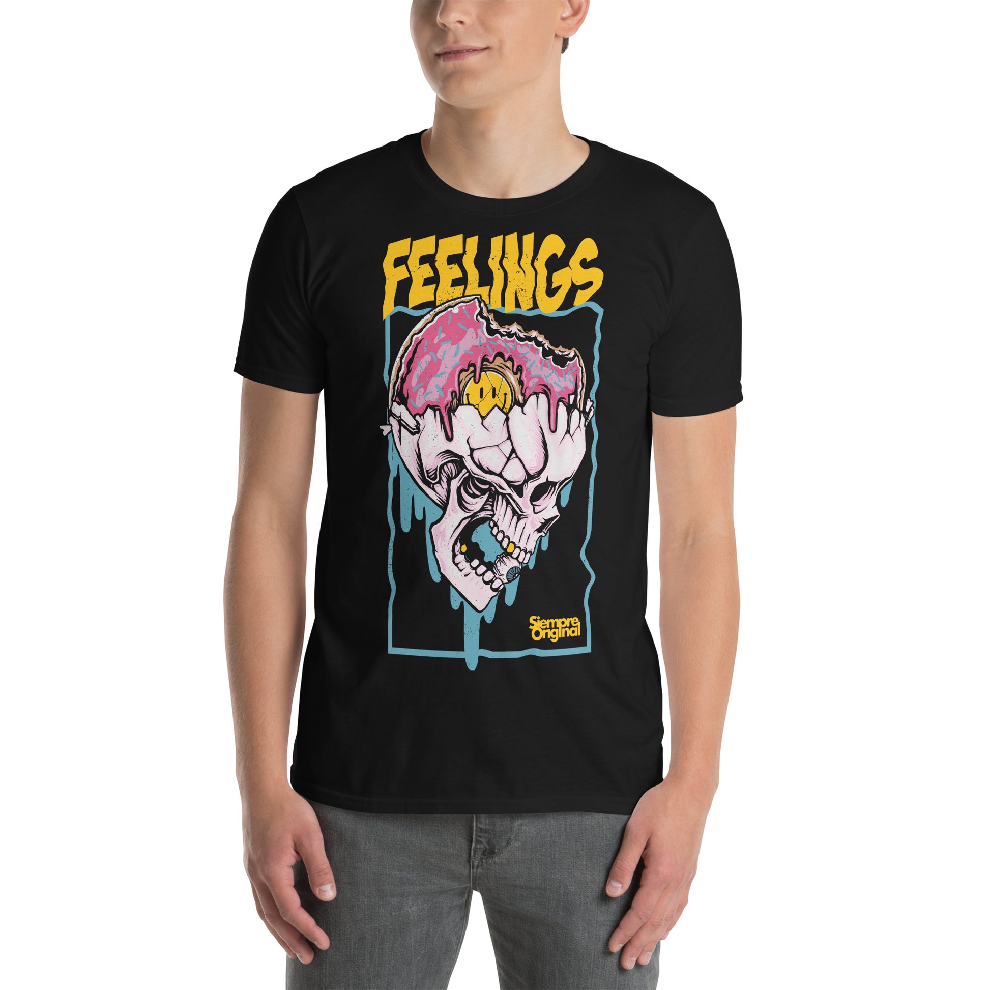 hombre con camiseta feelings sentimientos skull donut grunge siempre original urban en color negro