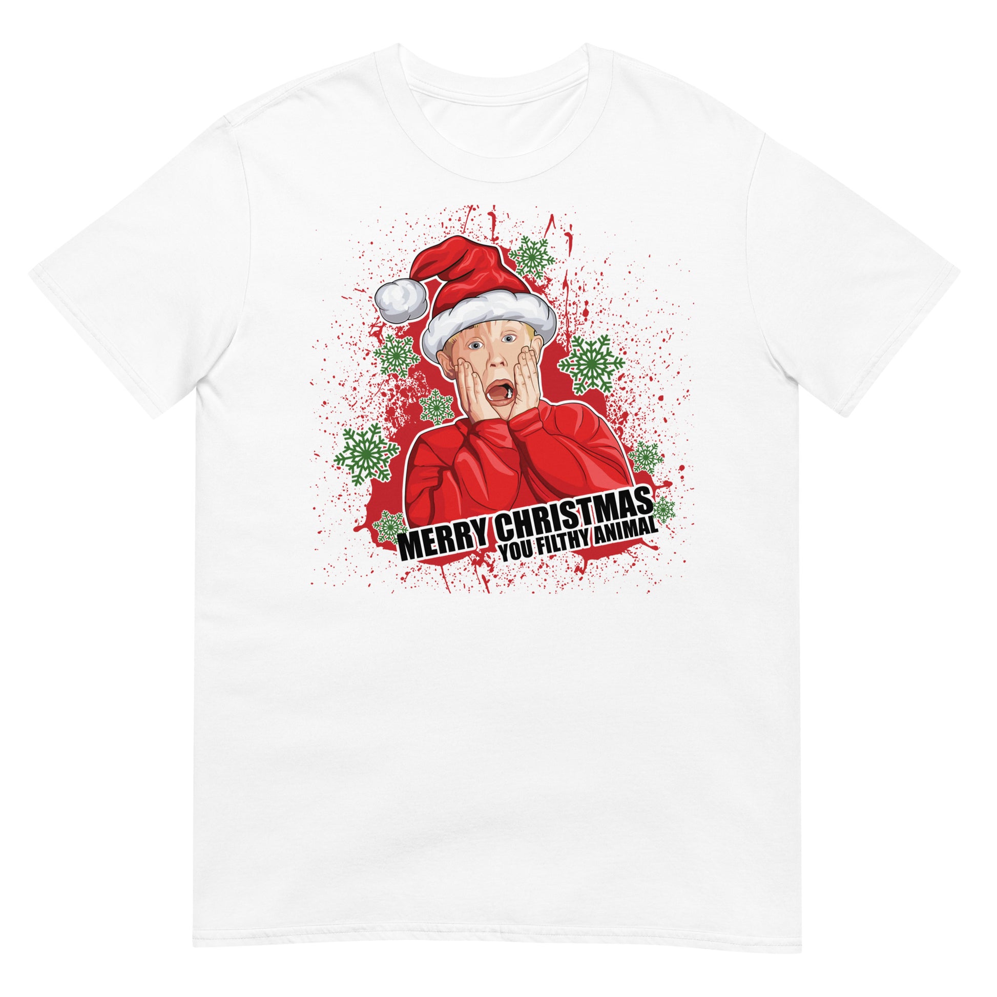 camiseta feliz navidad gusano miserable solo en casa en color blanco