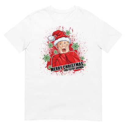 camiseta feliz navidad gusano miserable solo en casa en color blanco