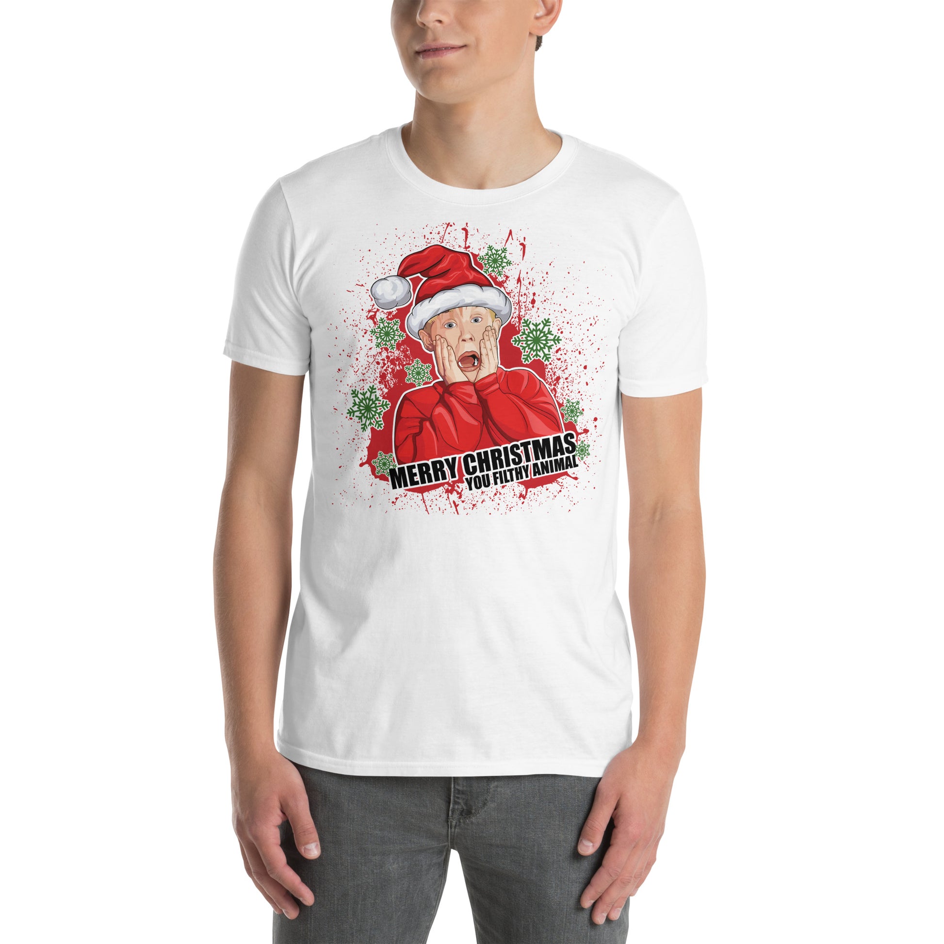 hombre con camiseta feliz navidad gusano miserable solo en casa en color blanco