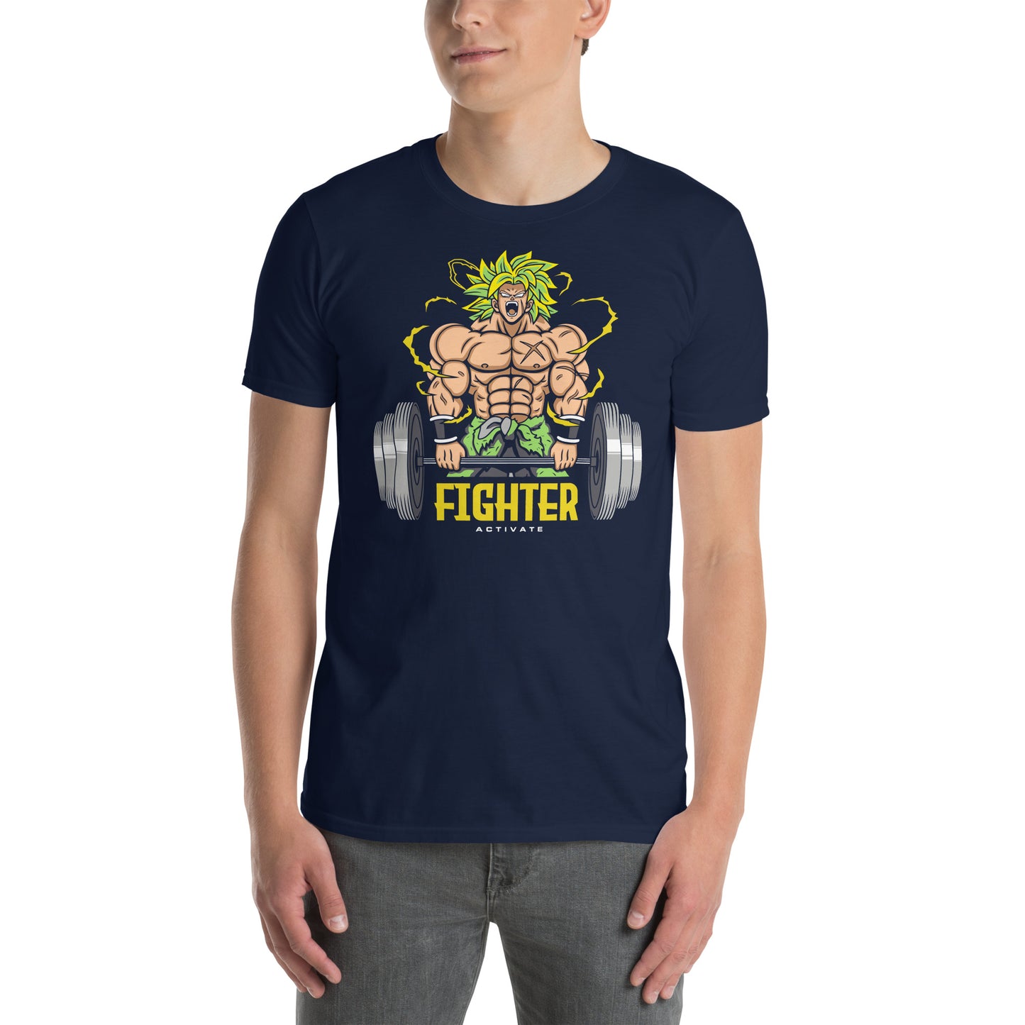 hombre con camiseta fighter activate luchador gym gimnasio fitness en color azul marino