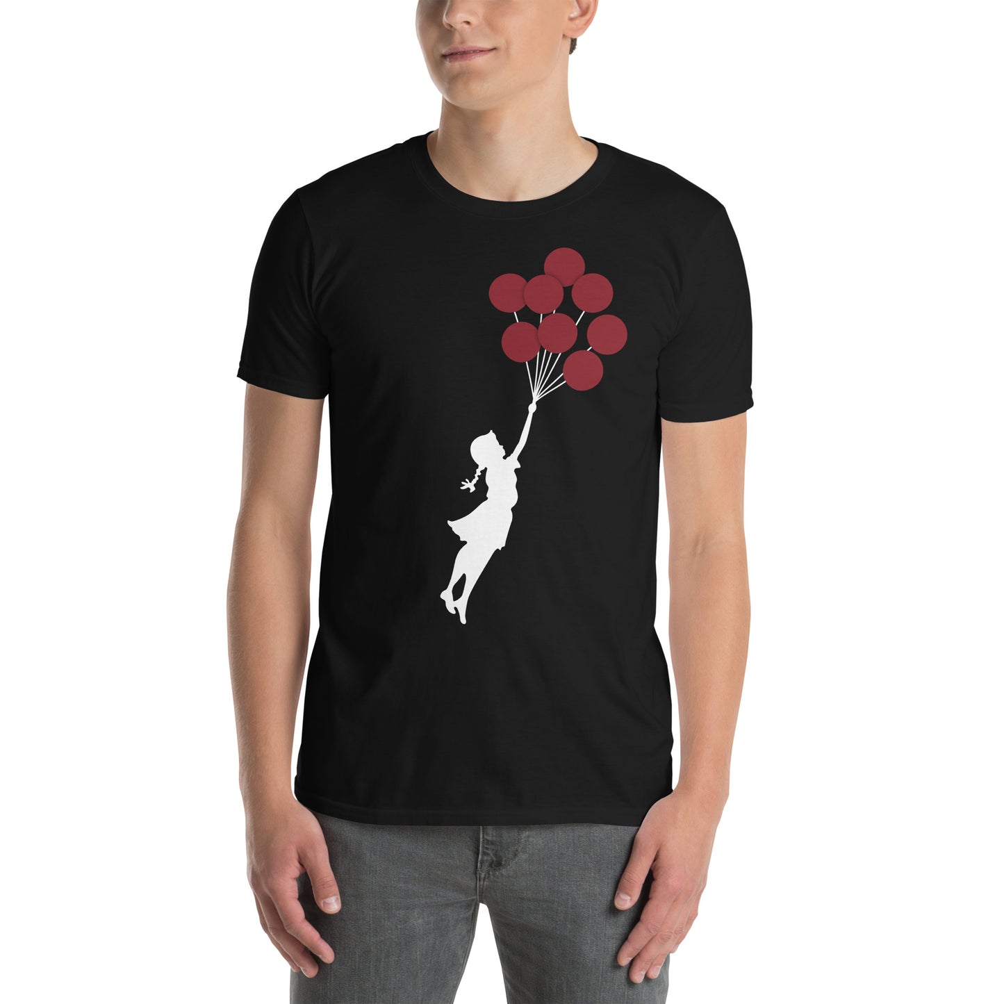 hombre con camiseta flying balloon girl banksy negra