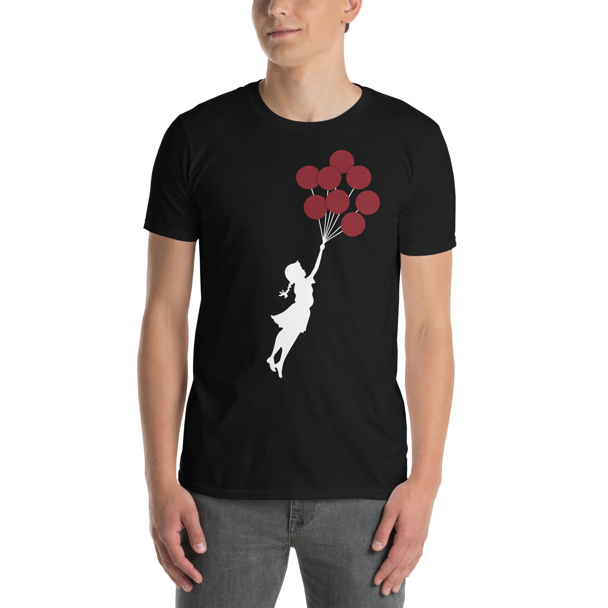 hombre con camiseta flying balloon girl banksy negra
