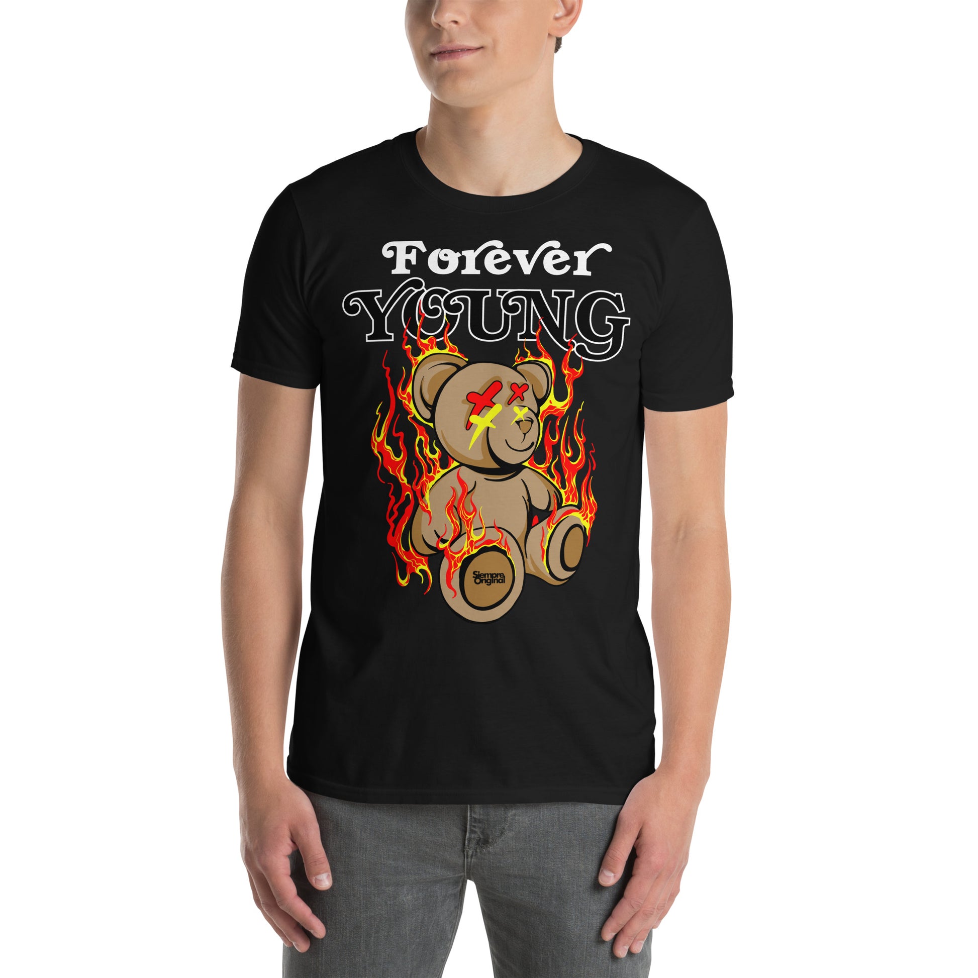 hombre con camiseta forever young teddy bear siempre original urban en color negro