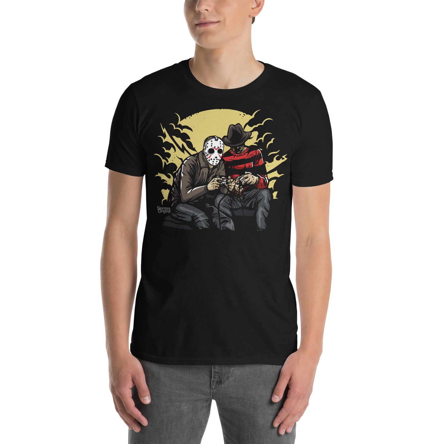 hombre con camiseta freddy jason gamers negra