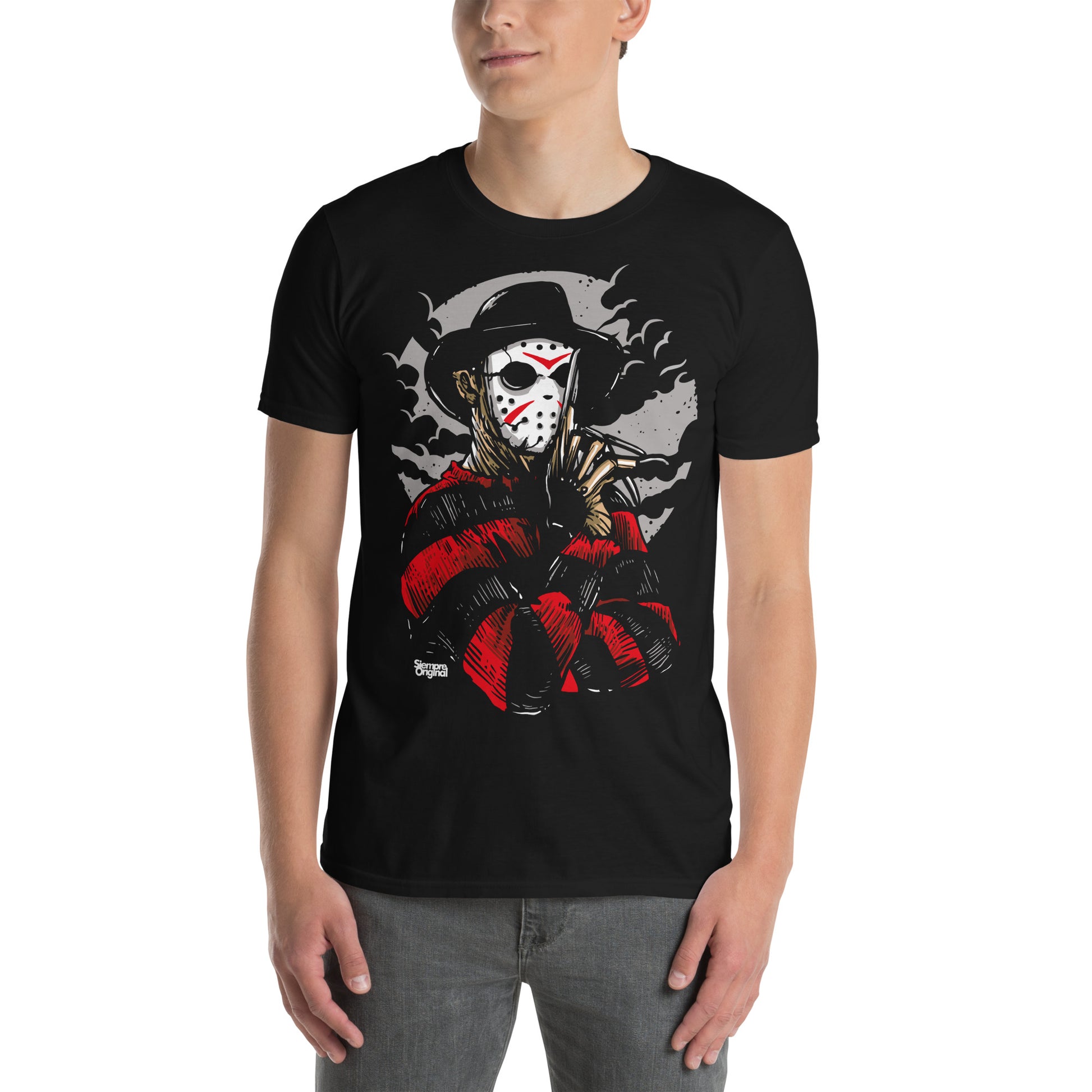 hombre con camiseta freddy jason negra