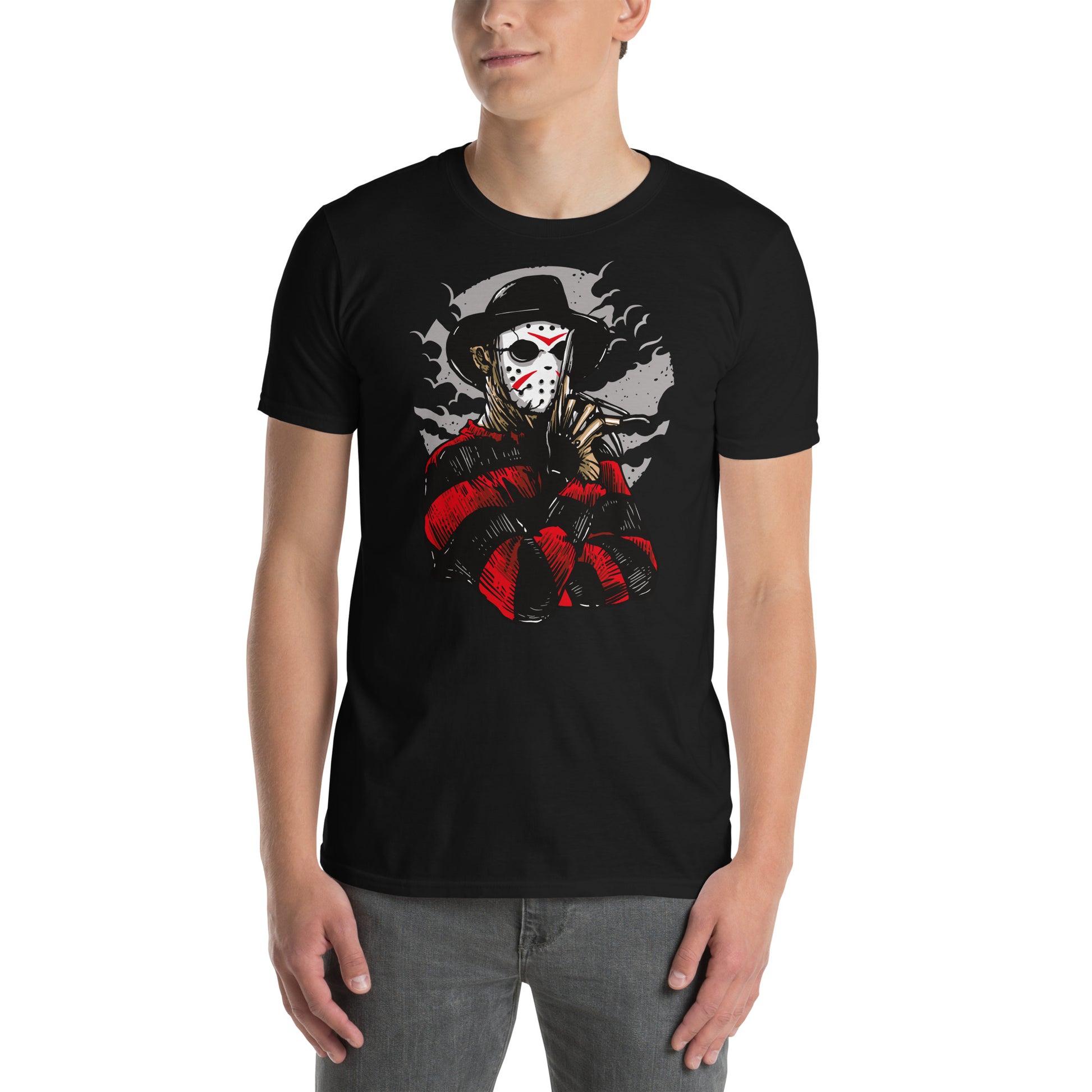 hombre con camiseta freddy krueger con mascara de jason voorhes en color negro