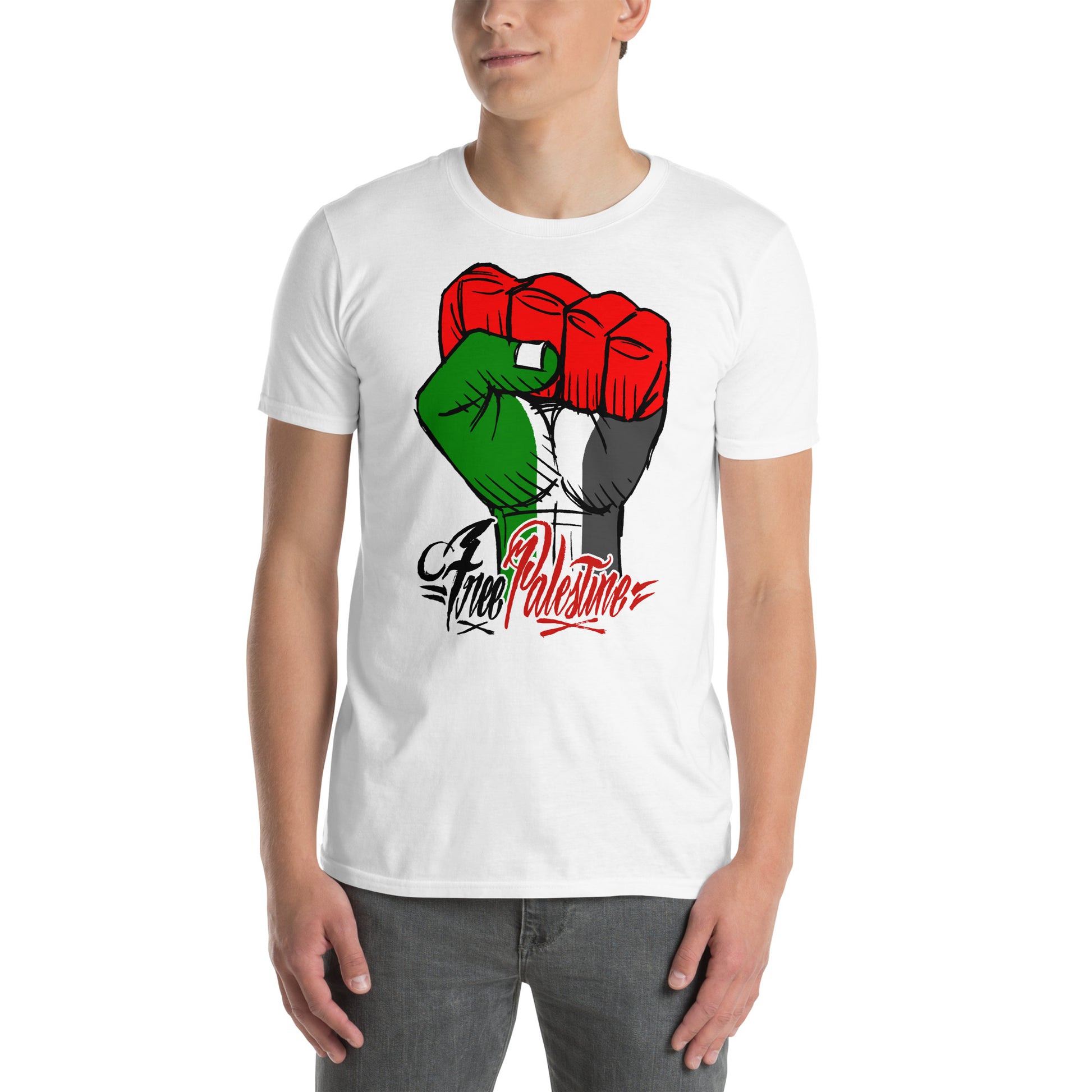 hombre con camiseta free palestine palestina libre gaza israel en color blanco