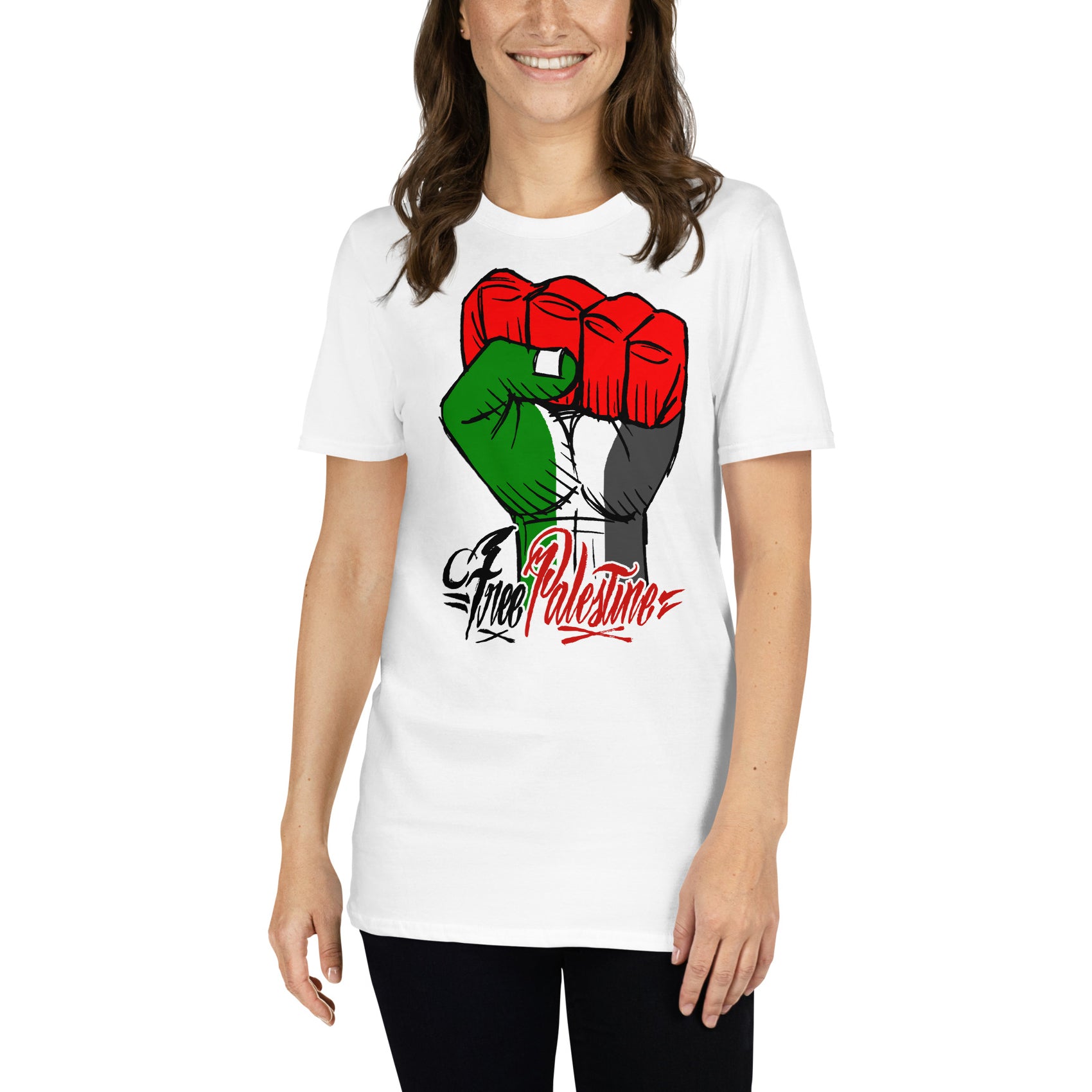 mujer con camiseta free palestine palestina libre gaza israel en color blanco