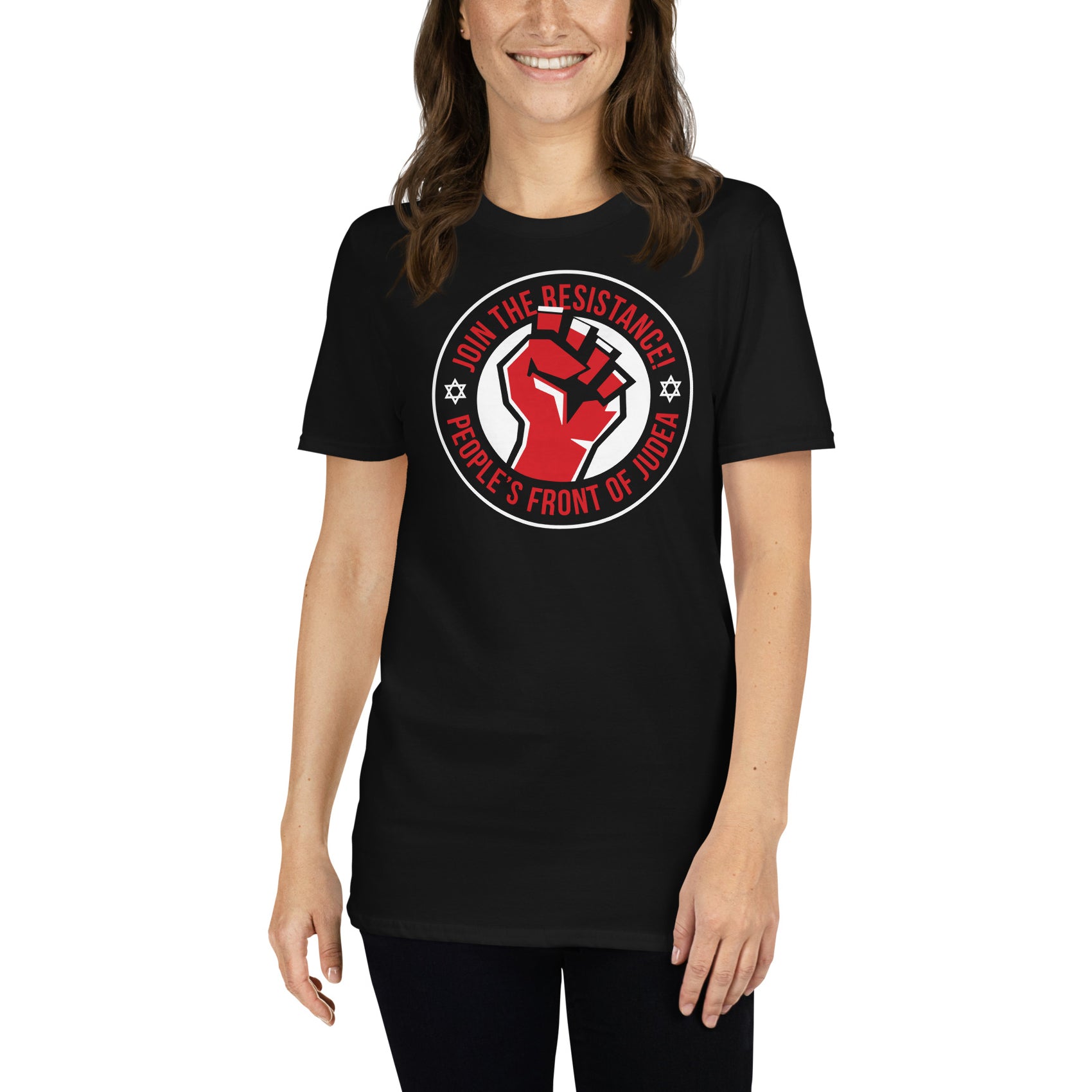 mujer con camiseta peoples front of judea la vida de brian negra
