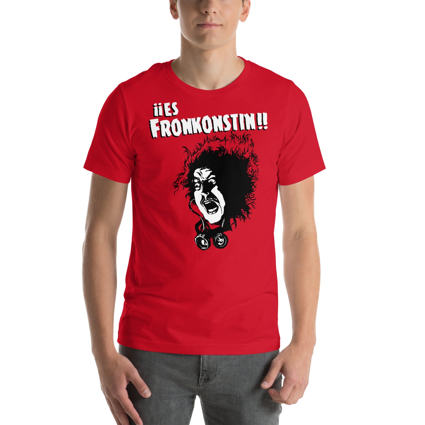 hombre con camiseta fronkonstin el jovencito frankenstein roja