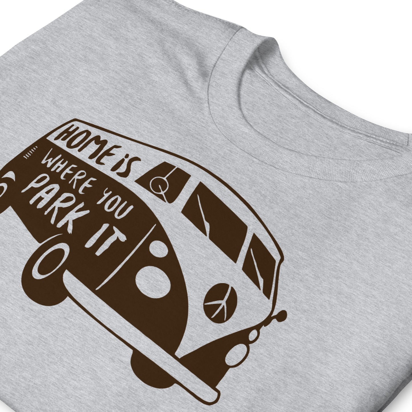 detalle de camiseta furgoneta camper hippie gris