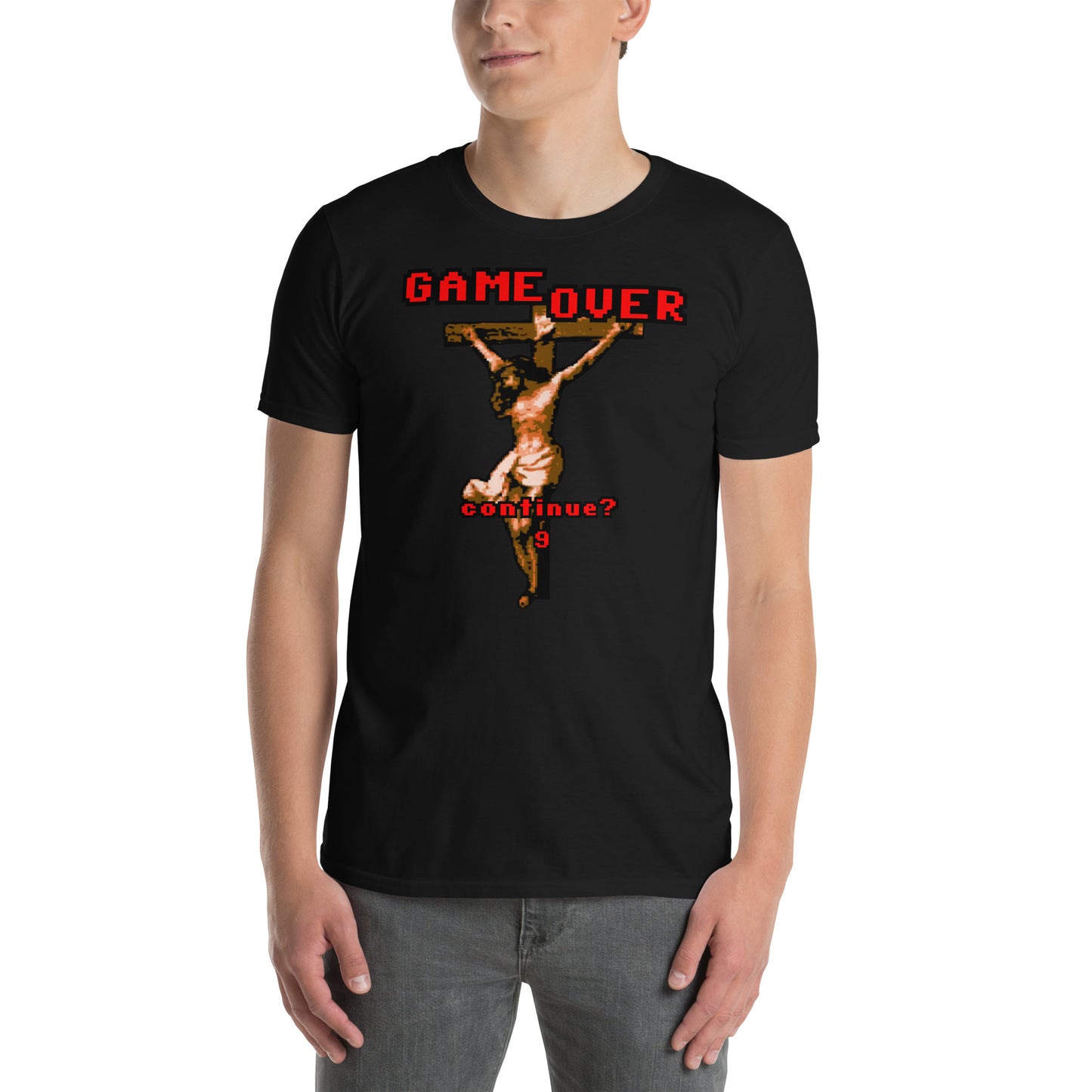 hombre con camiseta game over retro jesus cruz negra