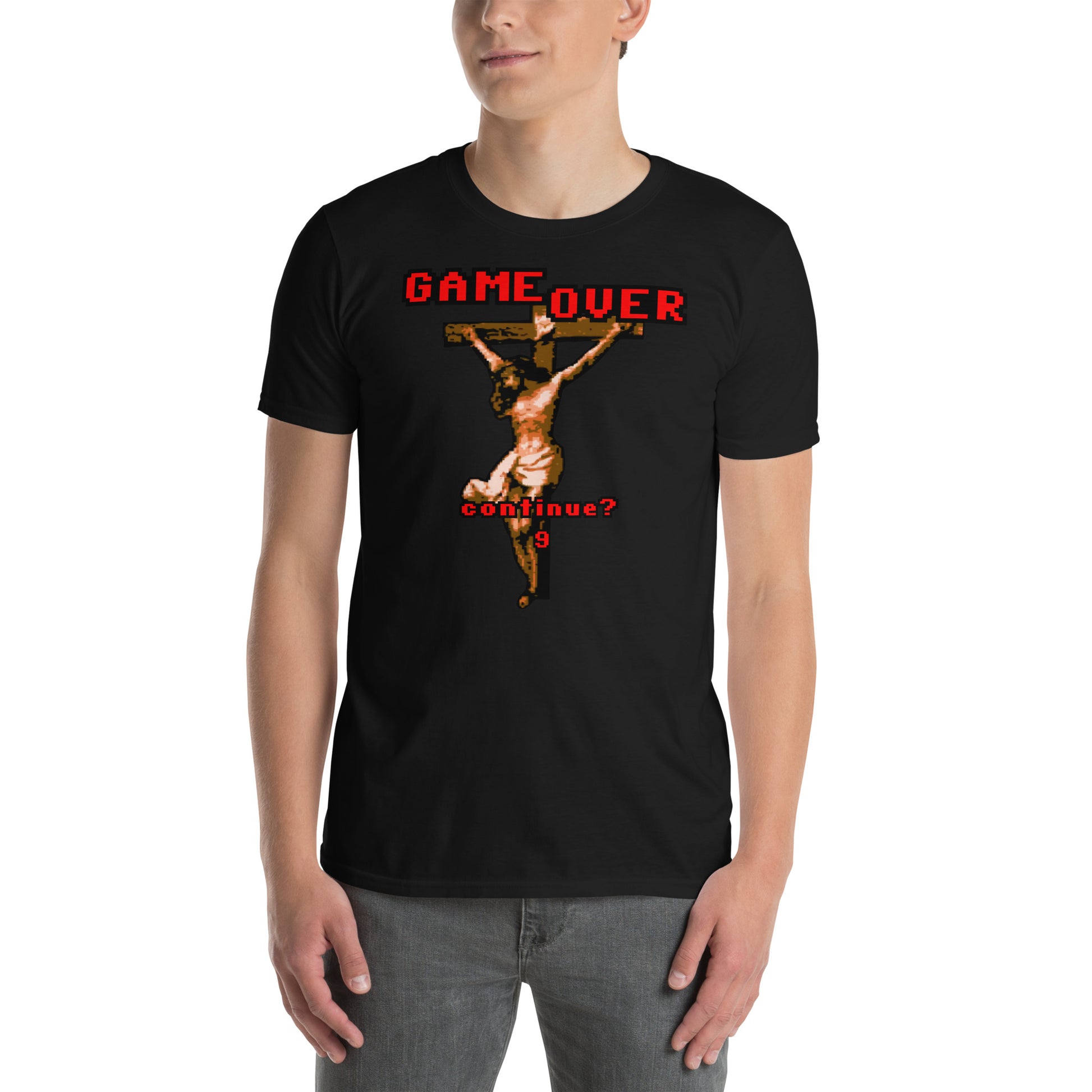 hombre con camiseta game over retro jesus cruz negra