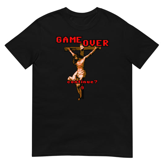 camiseta game over retro jesus cruz negra