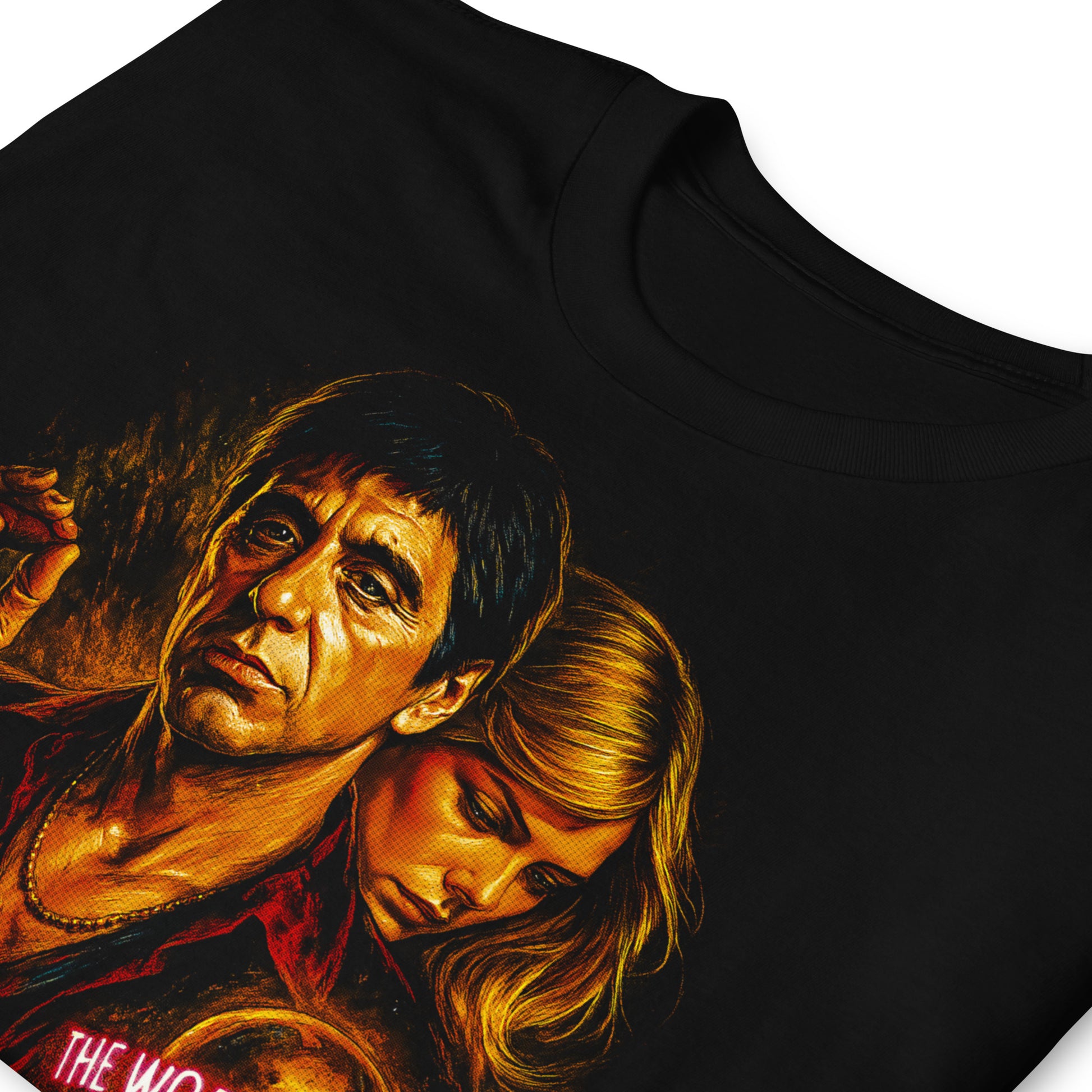 detalle de camiseta scarface tony montana negra