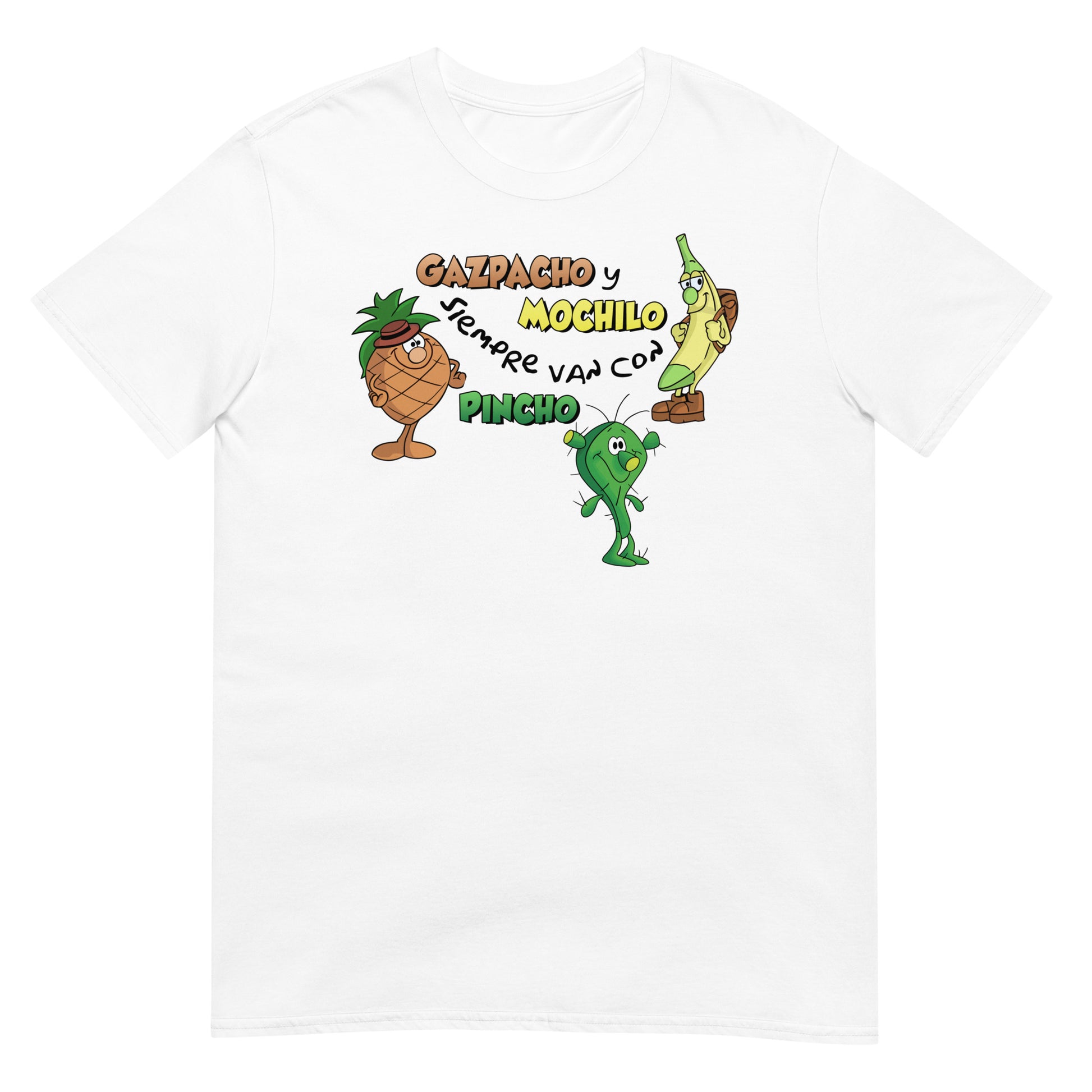 camiseta gazpacho y mochilo siempre van con pincho los fruittis retro en color blanco