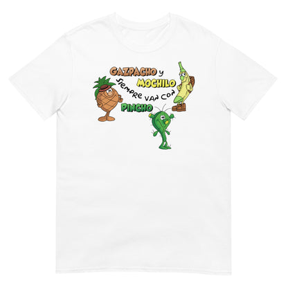 camiseta gazpacho y mochilo siempre van con pincho los fruittis retro en color blanco