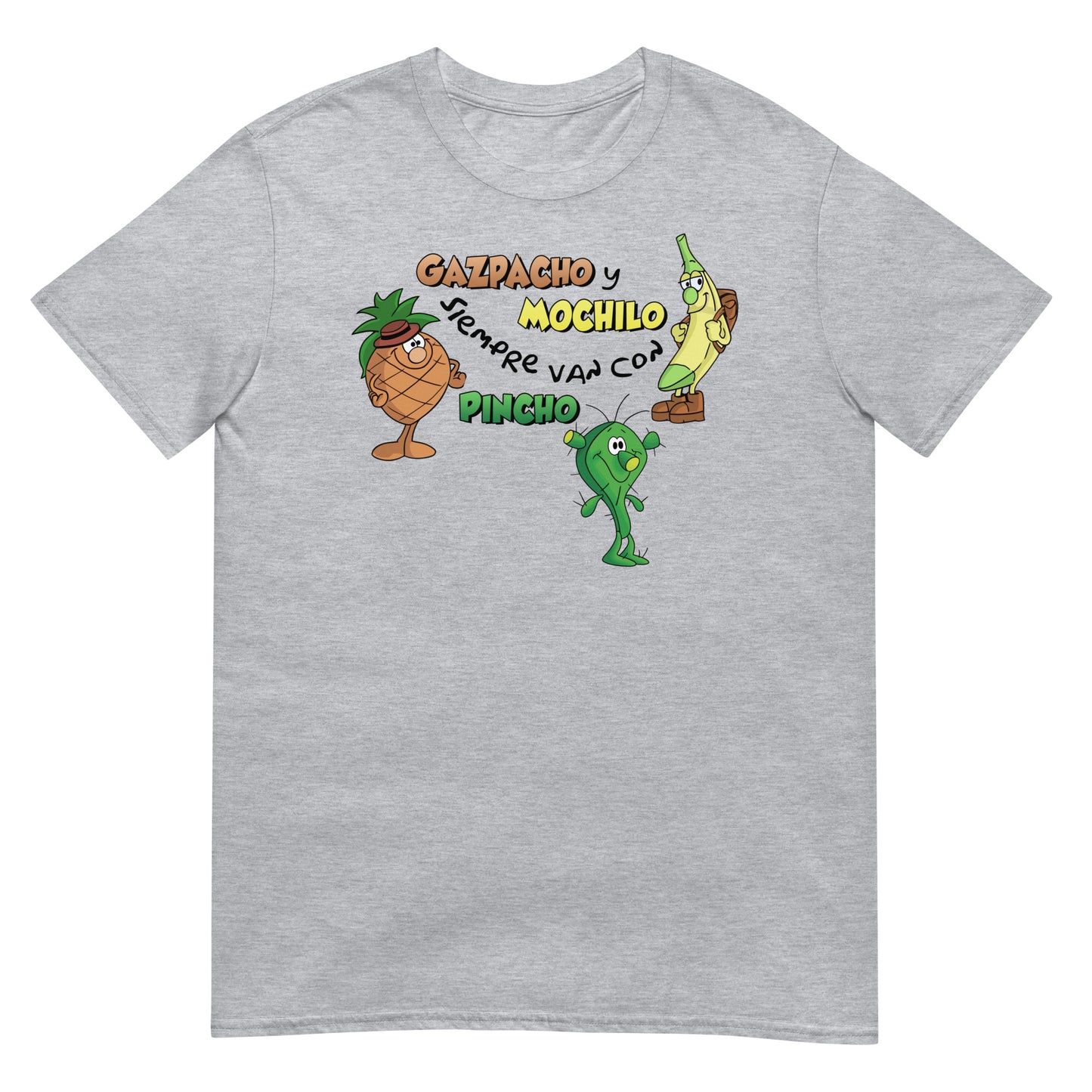 camiseta gazpacho y mochilo siempre van con pincho los fruittis retro en color gris