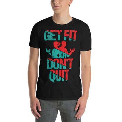 hombre con camiseta get fit dont quit fitness negra
