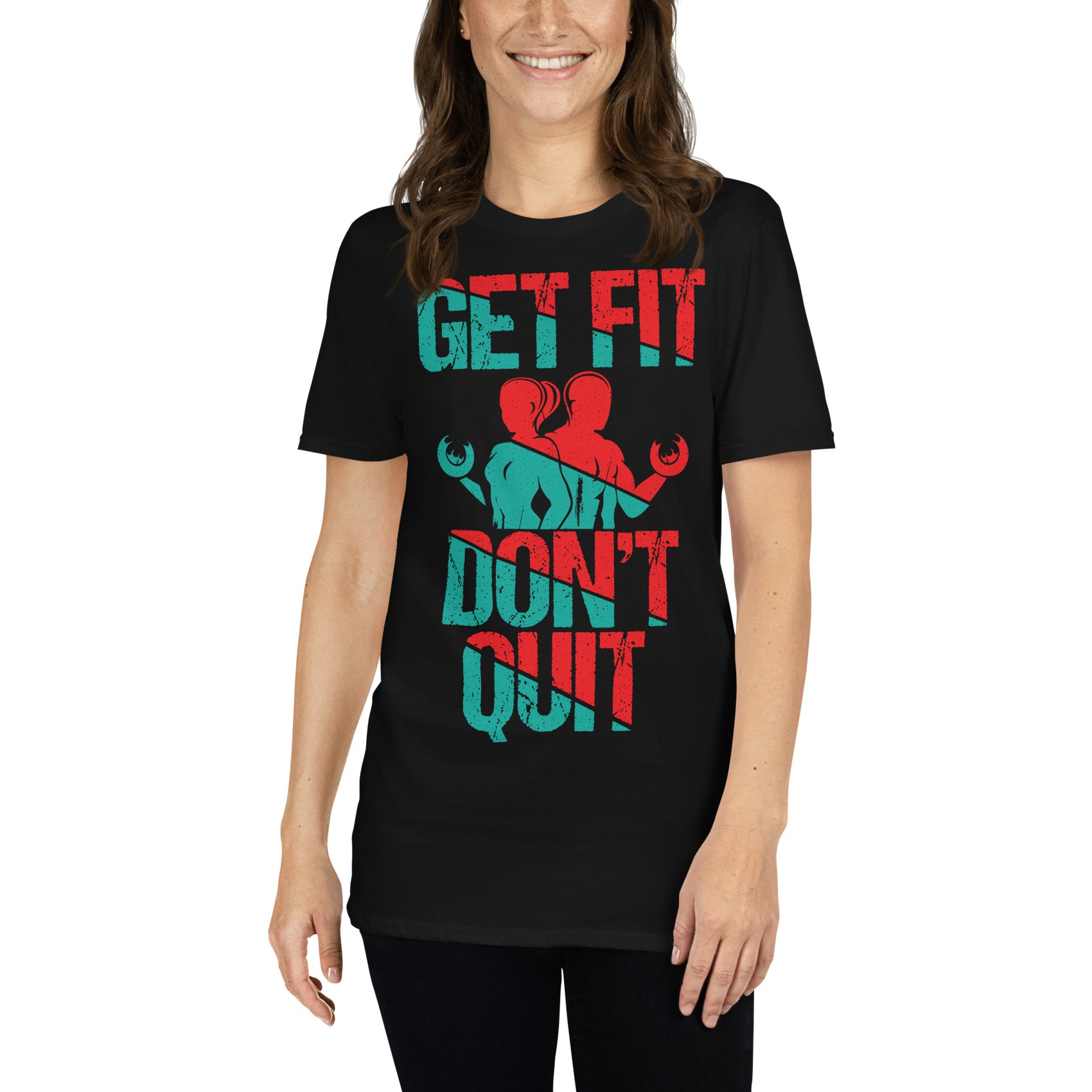 mujer con camiseta get fit dont quit fitness negra