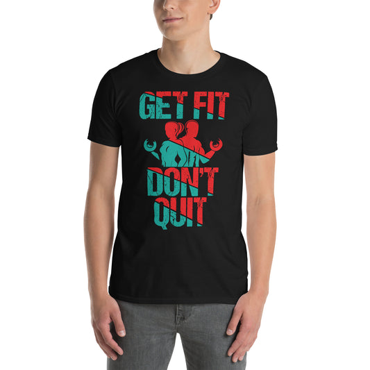 hombre con camiseta get fit dont quit ponte en forma no te rindas gym gimnasio fitness en color negro