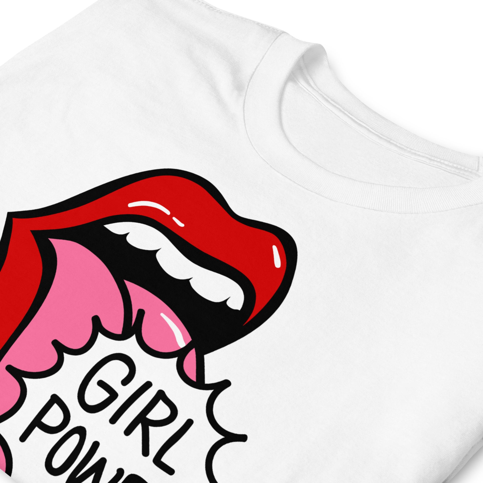 detalle de camiseta girl power pop art blanca