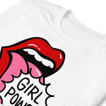 detalle de camiseta girl power pop art blanca