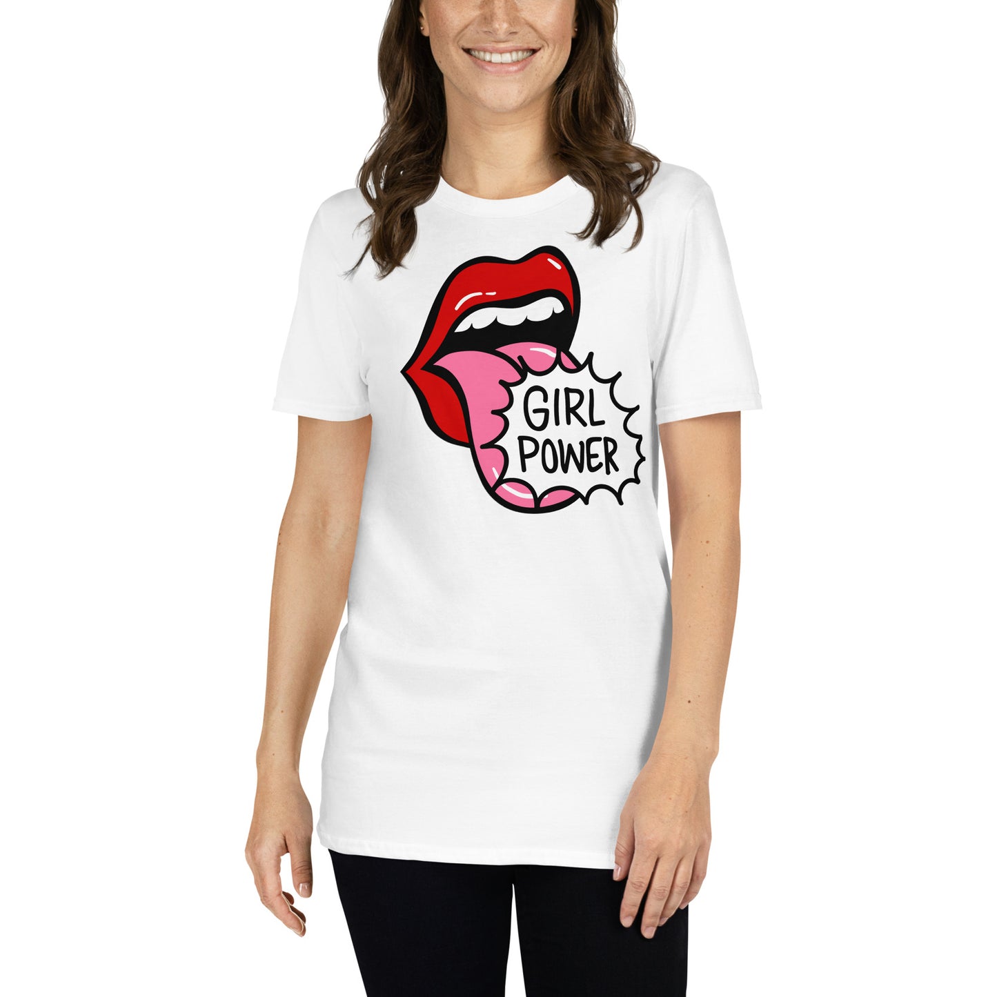 mujer con camiseta girl power pop art blanca