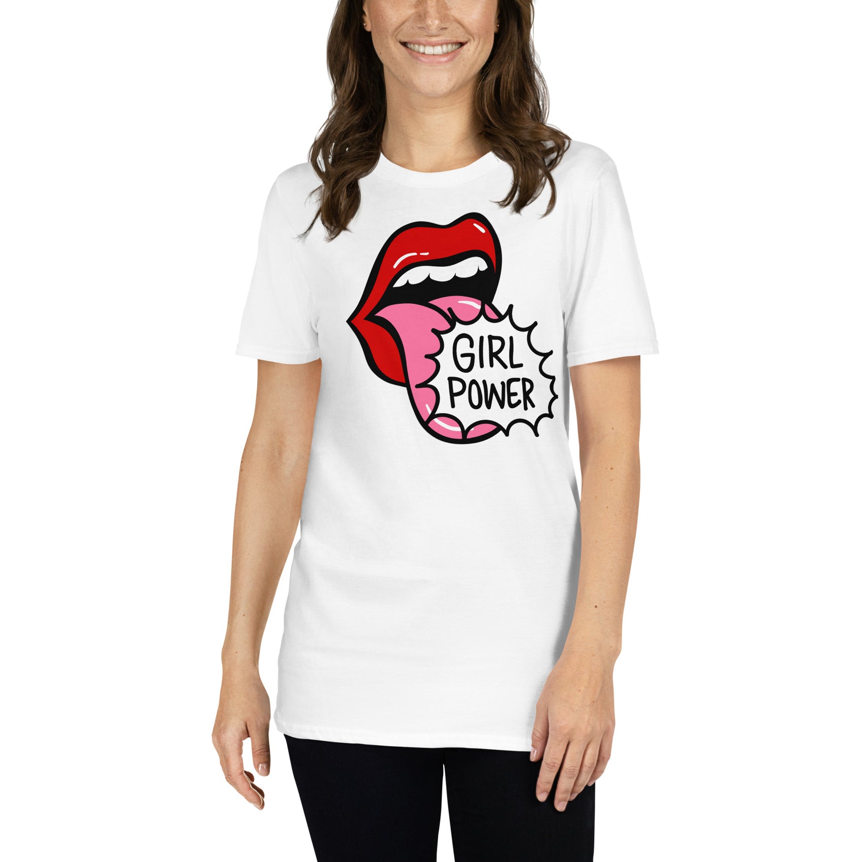 mujer con camiseta girl power pop art blanca