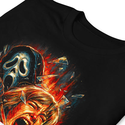 Detalle de camiseta negra inspirada en Ghostface y Scream