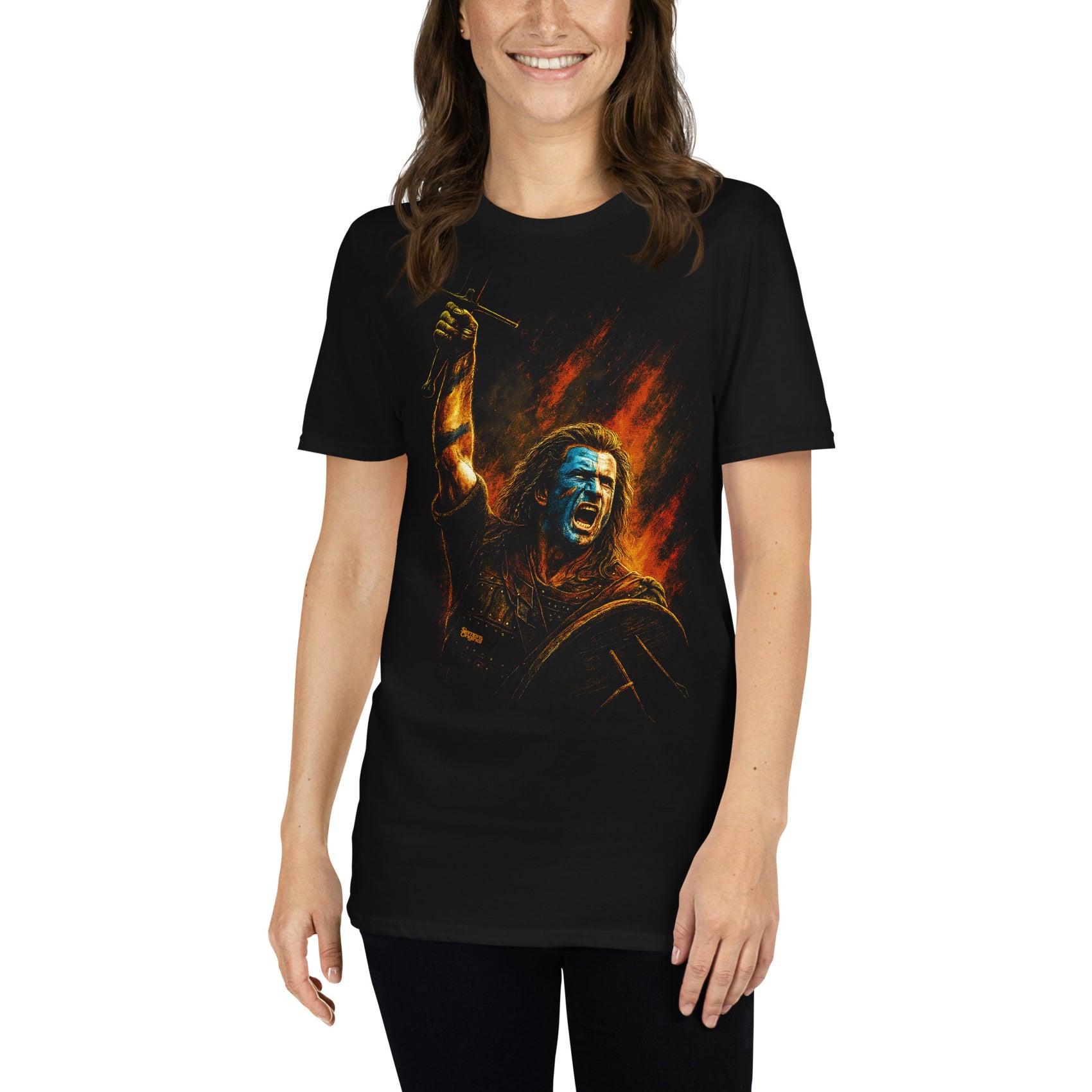 mujer con camiseta braveheart william wallace libertad negra