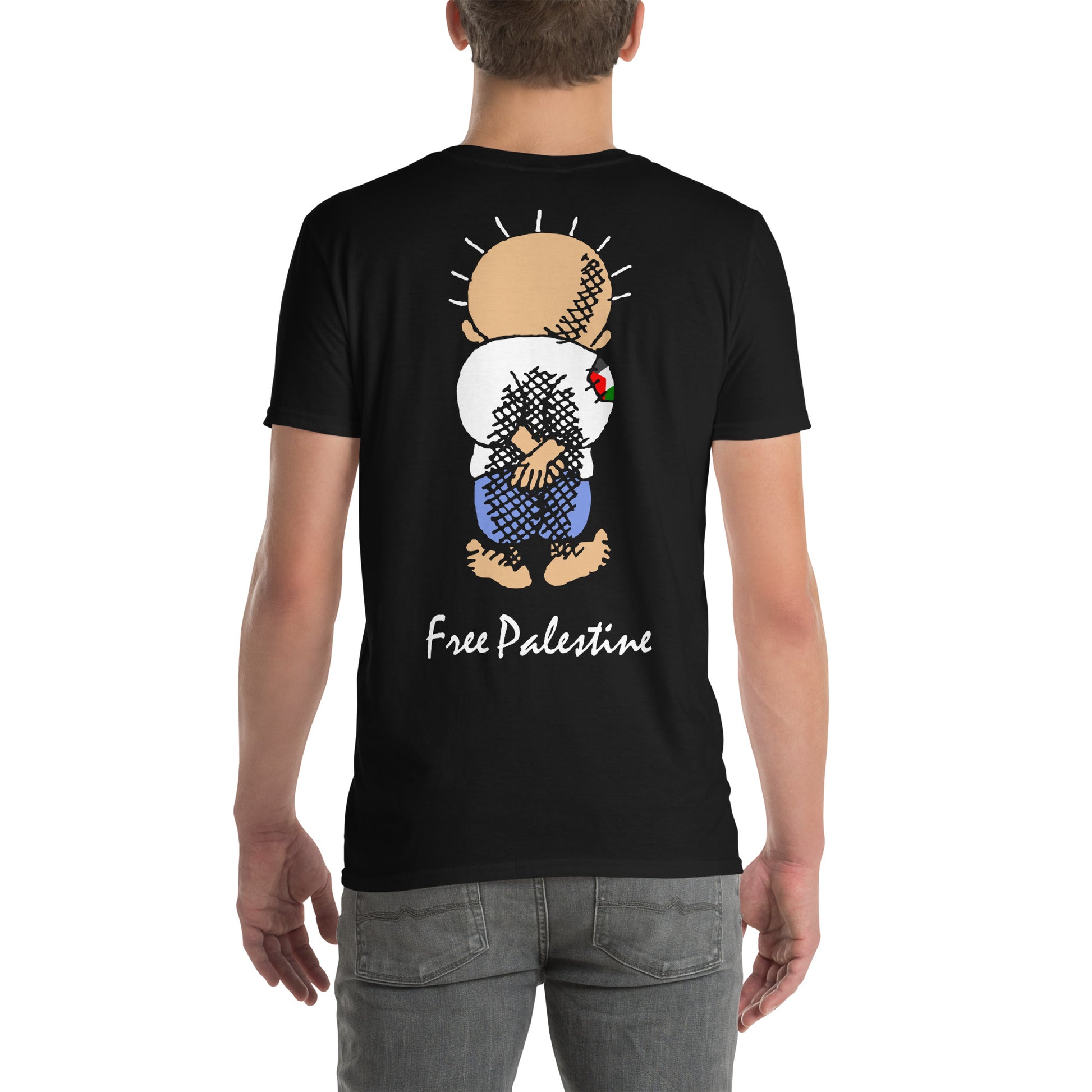 hombre con camiseta handala free palestine palestina libre gaza israel en color negro
