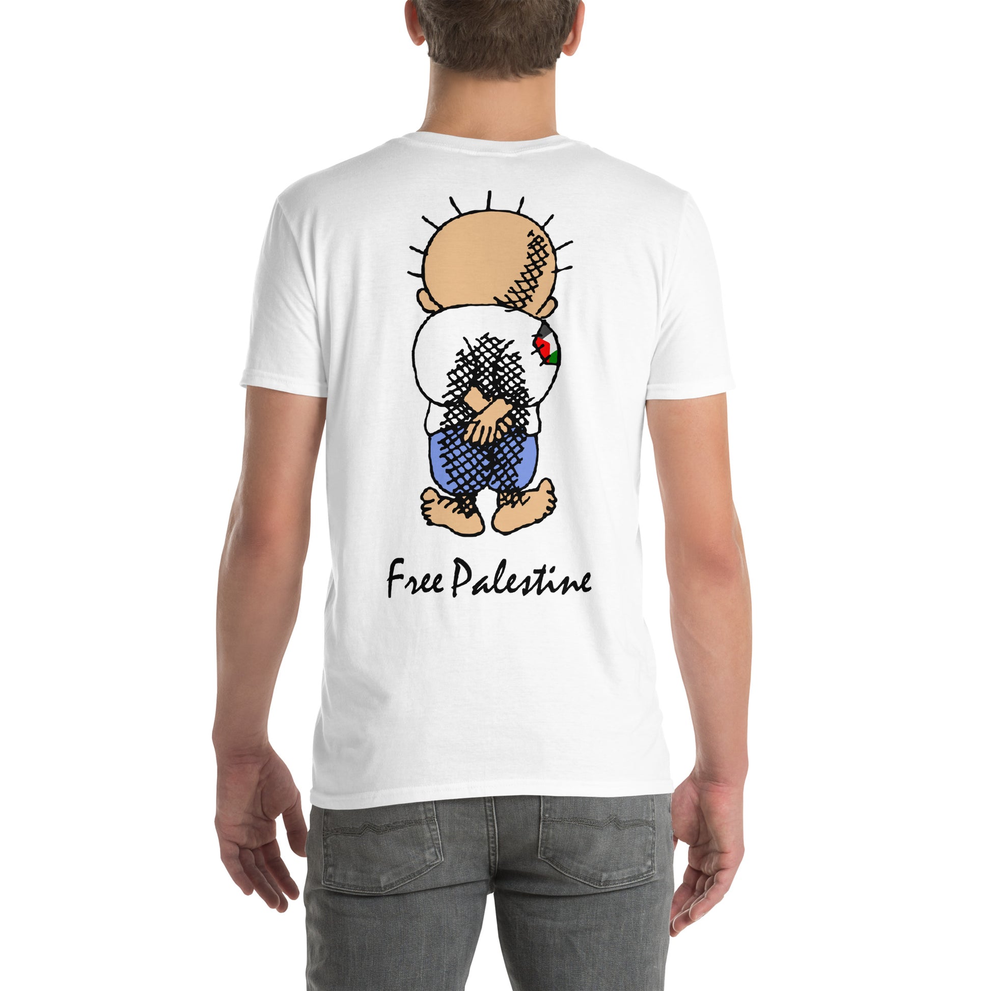 hombre con camiseta handala palestina libre free palestine gaza israel en color blanco