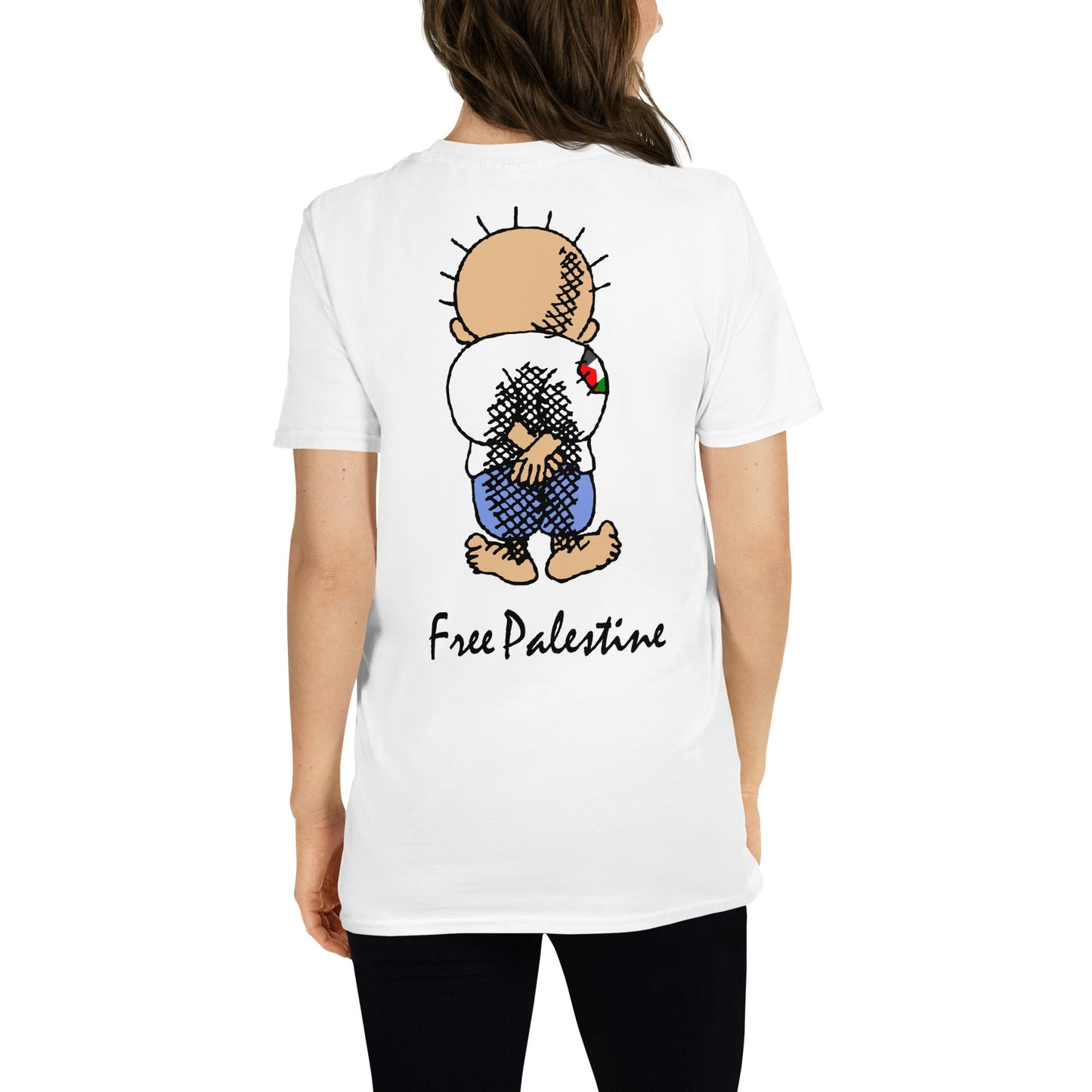 mujer con camiseta handala palestina libre free palestine gaza israel en color blanco