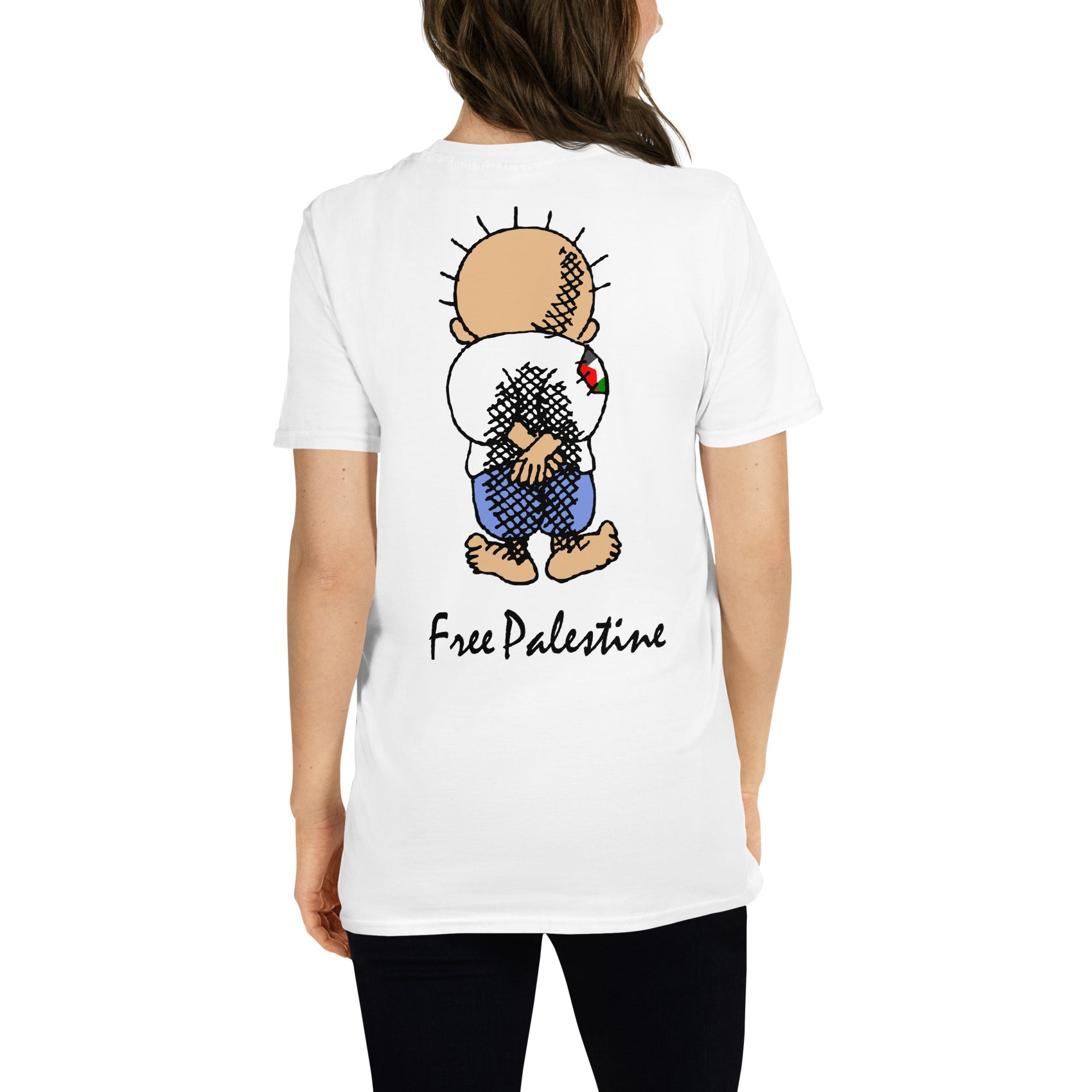 mujer con camiseta handala palestina libre free palestine gaza israel en color blanco