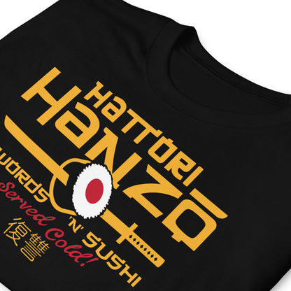 detalle de camiseta hattori hanzo sushi katana kill bill negra