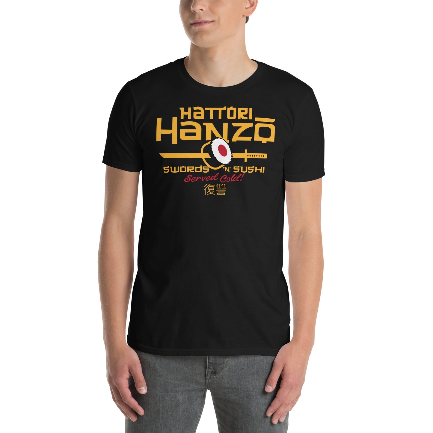 hombre con camiseta hattori hanzo sushi katana kill bill negra