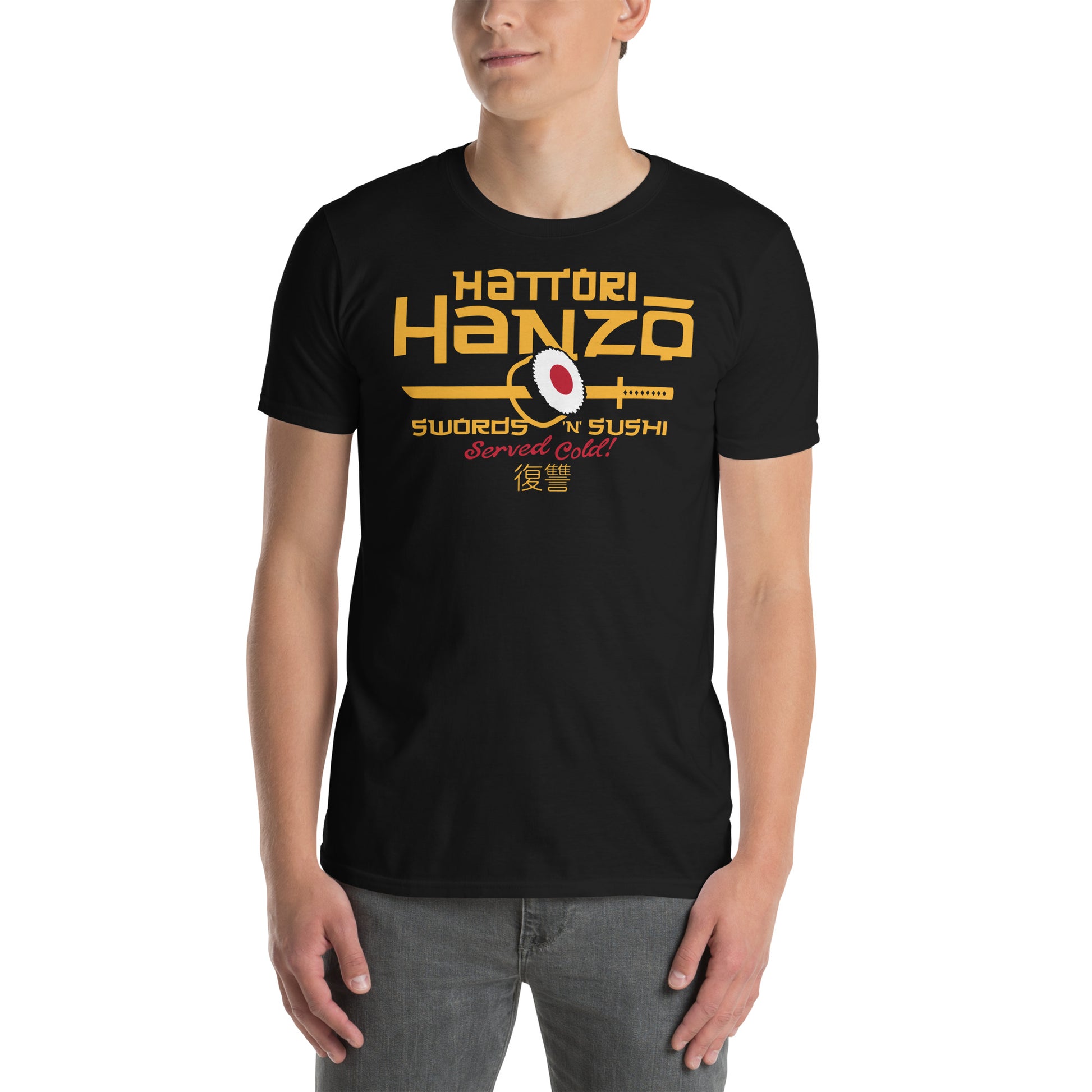 hombre con camiseta hattori hanzo sushi katana kill bill negra