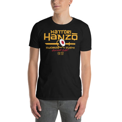 hombre con camiseta hattori hanzo sushi katana kill bill negra