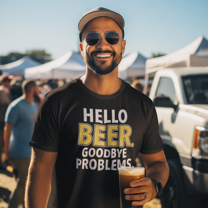 hombre con camiseta hello beer goodbye problems cerveza en color negro