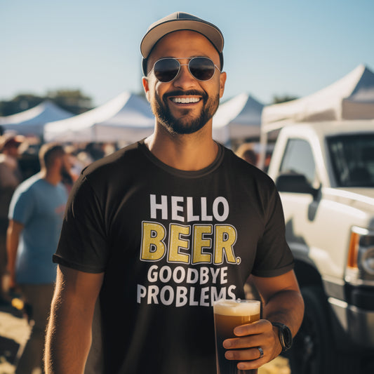hombre con camiseta hello beer goodbye problems en color negro