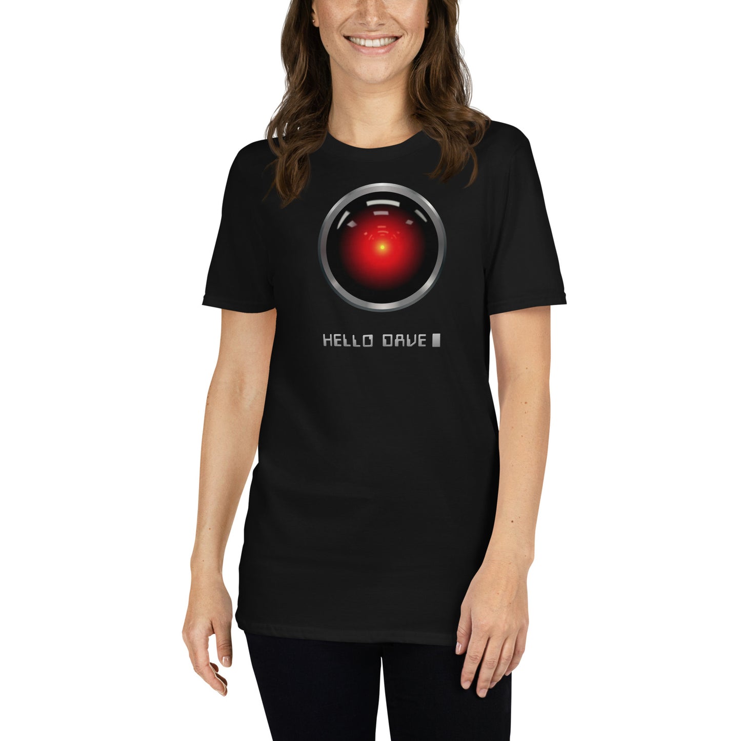 mujer con camiseta hello dave hal 9000 negra