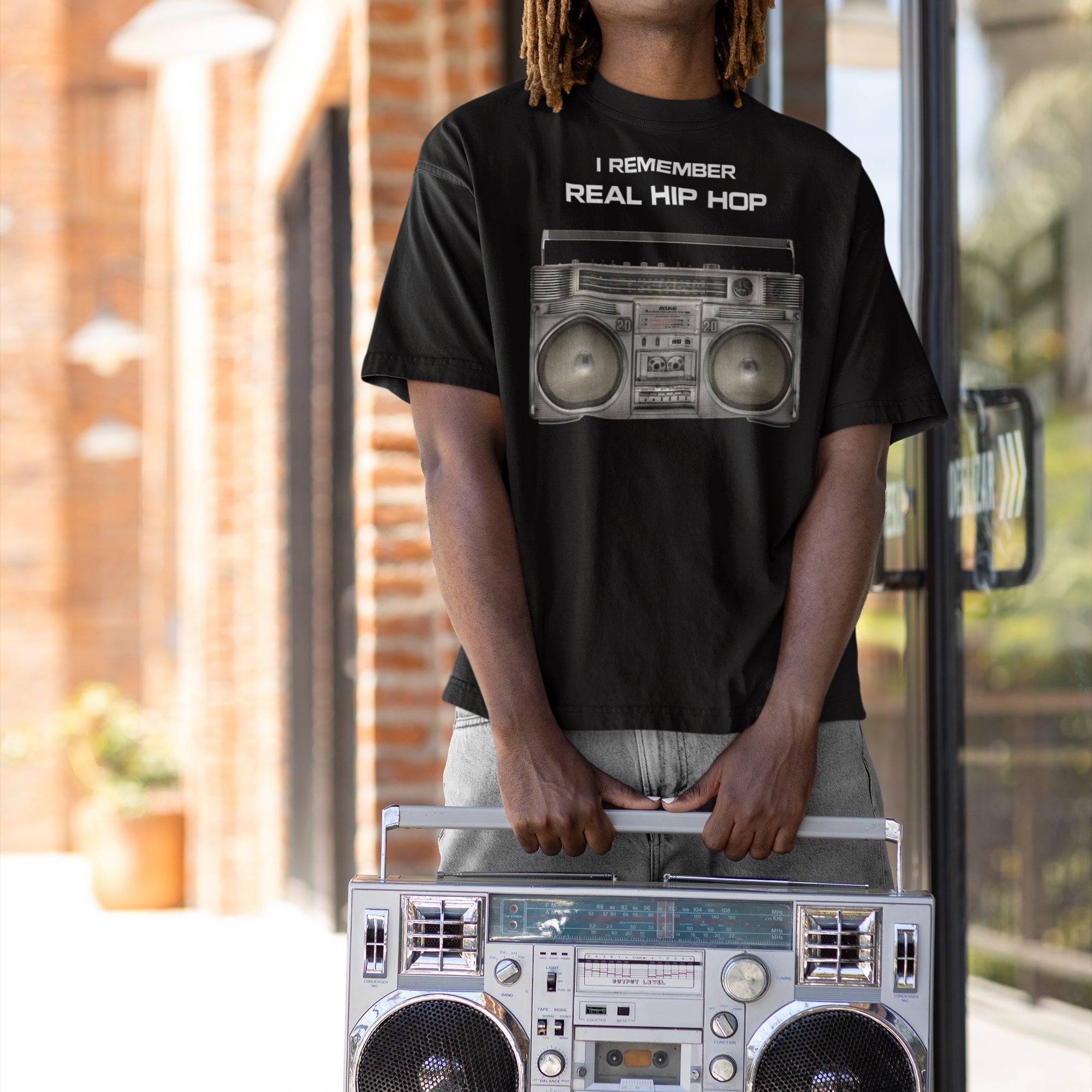 Man wearing black Old School Hip Hop t-shirt