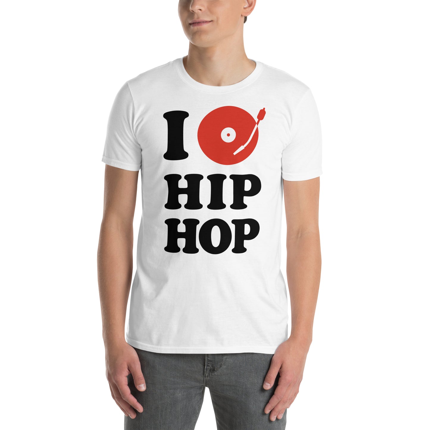hombre con camiseta i love hip hop plato dj blanca