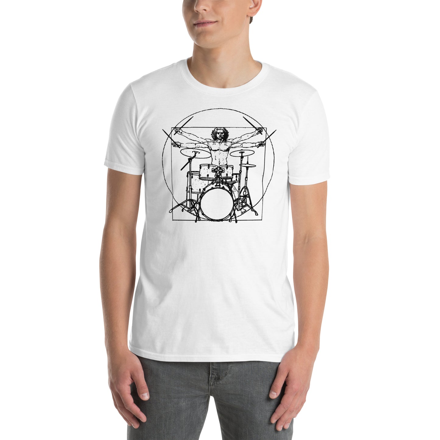 hombre con camiseta hombre de vitruvio bateria musica blanca