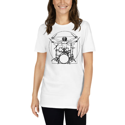 mujer con camiseta hombre de vitruvio bateria musica blanca