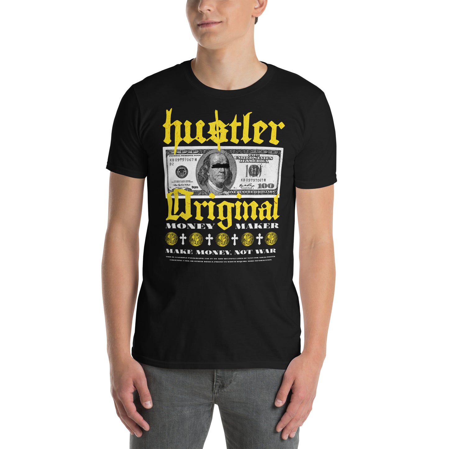 hombre con camiseta hustler money urbana negra